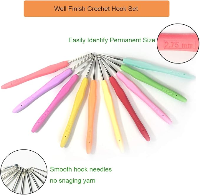 Set of 10 Small Size Crochet Hook Set, Ergonomic Handle Crochet Hook Needles for Arthritic Hands, Thread Crochet Steel Lace Hooks Size 0.5mm to 2.75mm
