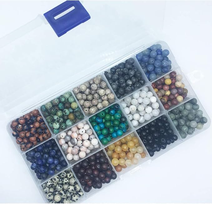 Yephac 750pcs 6mm Natural & Synthetic Round Stone Beads - 1mm Hole Size, DIY Smooth Beading for Bracelet, Necklace, Earrings - Jewelry Making, Box Packed (15material-6mm)