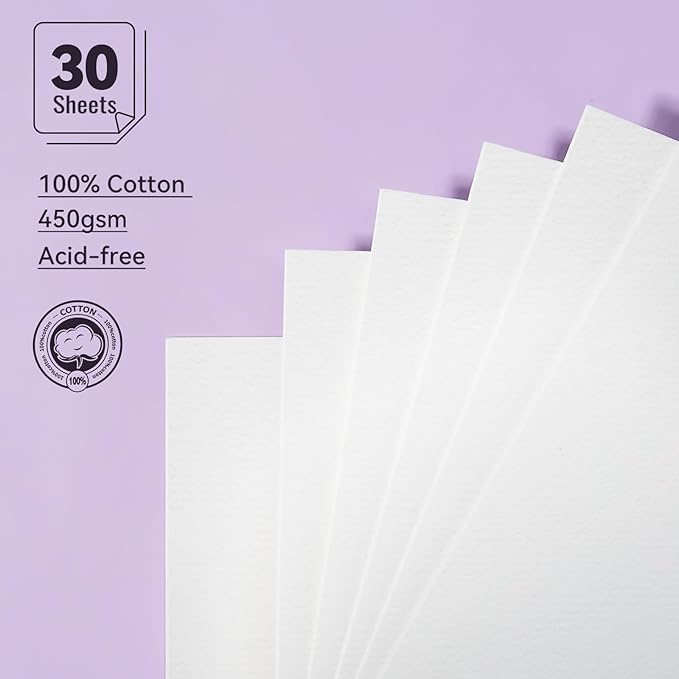 LIGHTWISH Watercolor Paper Bulk, 100% Cotton Cold Press 450gsm, 2 Pack, Total 30 Sheets A5 Hole-Punched Replaceable Paper for Artists, Adults,Students,5.8 * 8.2 Inches