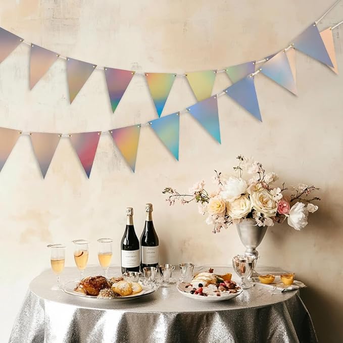 MOWO Laser Silver Pennant Banner Holographic Paper Bunting Hanging Decoration for Birthday Graduation Retirement New Year's Valentine's Day Party, Pack of 30 Counts Pennant, 20 feet