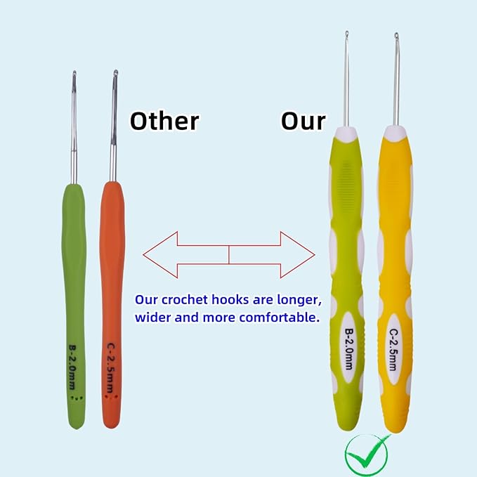 2mm 2.5mm Crochet Hook, Smooth Metal Head and Soft Rubber Grip Extra Long Ergonomic Crochet Hooks for Arthritic Hands, Beginners and Crochet Enthusiast