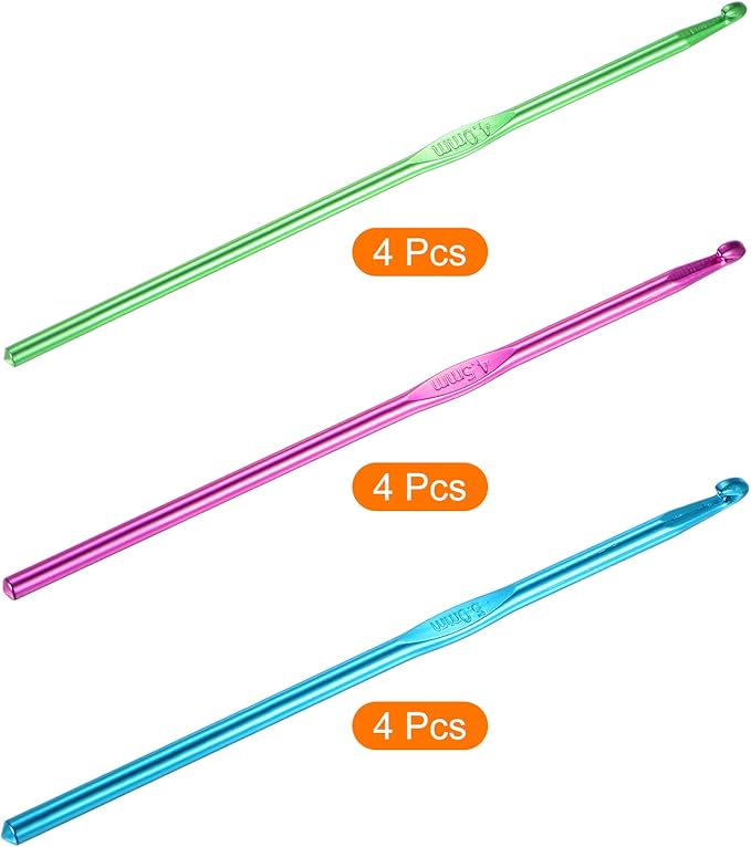 uxcell 12Pcs Aluminum Crochet Hook 4mm 4.5mm 5mm US Size 6 7 8 Knitting Needles for DIY Craft Yarn Green Purple Blue