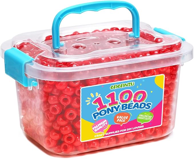 gaganiu pony beads 1100+ pcs – red plastic kandi beads in jar for bracelets, hair braids, jewelry making & diy crafts