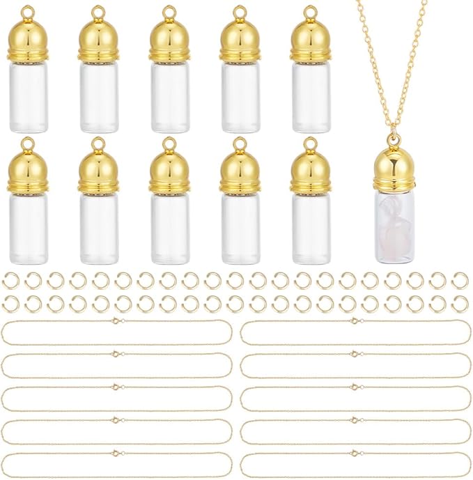 UNICRAFTALE 10 Sets 18K Gold Plated Glass Vial Necklace Making Kit 18 Inch Glass Vial Pendant Necklace Wish Bottles Hourglass Memorial Keepsake Cremation Ashes Holder Memory Container for DIY