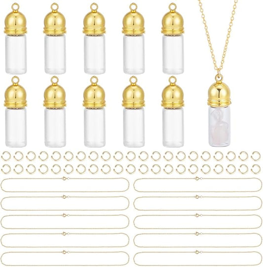 UNICRAFTALE 10 Sets 18K Gold Plated Glass Vial Necklace Making Kit 18 Inch Glass Vial Pendant Necklace Wish Bottles Hourglass Memorial Keepsake Cremation Ashes Holder Memory Container for DIY