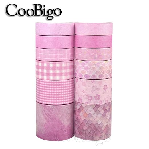 CooBigo Washi Tape Set, 12 Rolls 4 Size Decorative Masking Washi Tapes for Craft, Scrapbook, DIY, Planners, Gift Wrapping (Cherry Blossom Party)