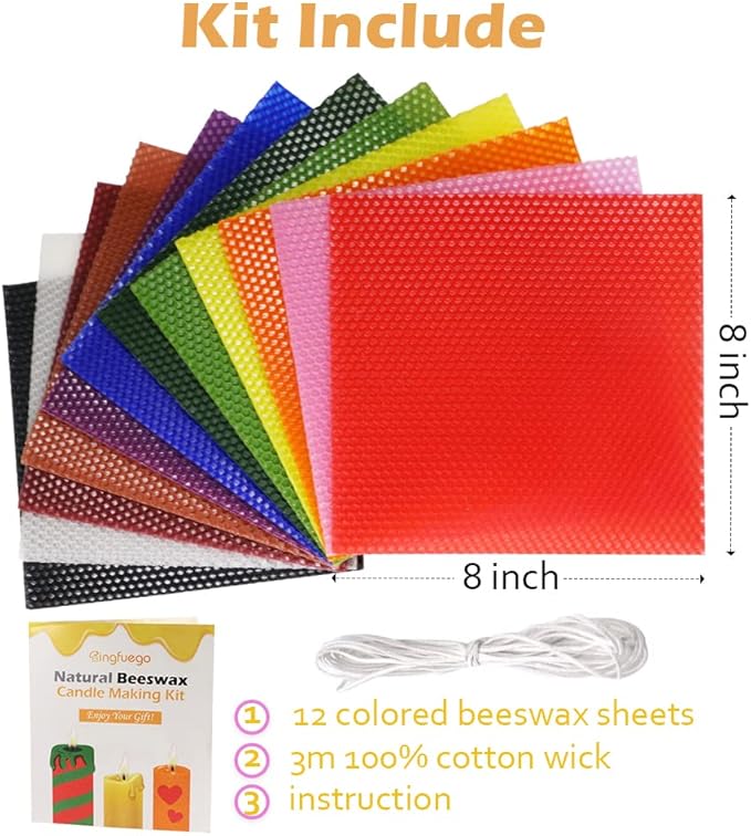 Bingfuego Beeswax Candle Making Kit for Kids - 12 Sheets for Rolling, Natural Candle Making Kit (Classic Color, 8 x 8 Inch)
