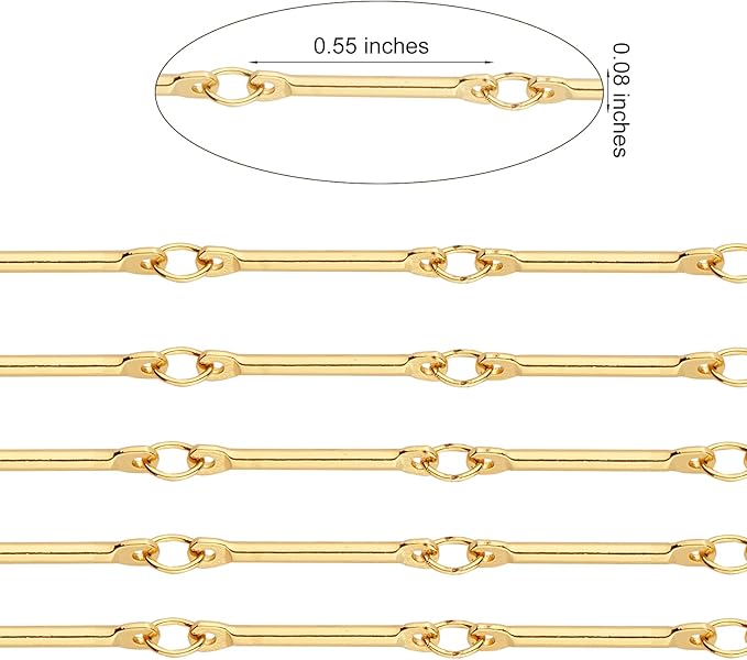 3.28 Feet 1M Brass Bar Link Chains Unwelded Metal Long Stick Link Cable Chains Real 18K Gold Plated for Jewelry Necklace Making Crafts