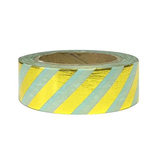 Wrapables Colorful Washi Masking Tape, Metallic Gold Diagonal Stripes on Mint