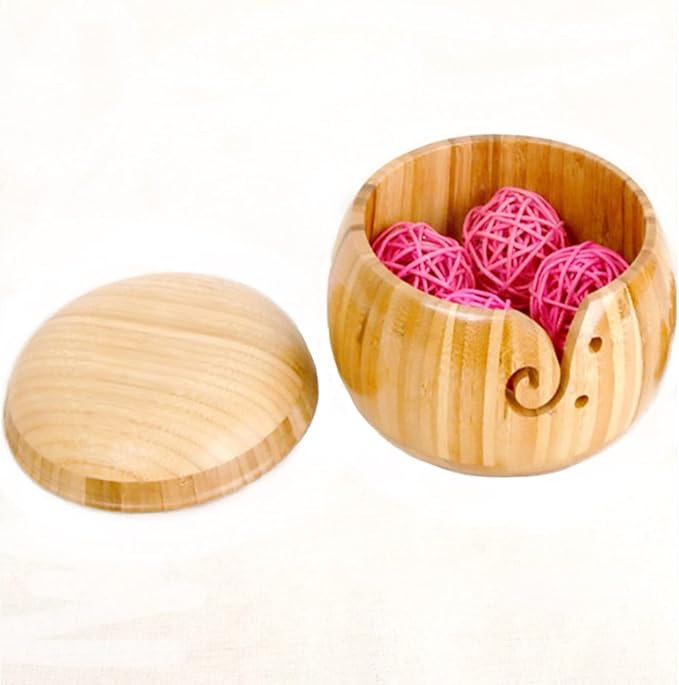 Bamboo Yarn Bowl with Removable Lid, Handmade Yarn Holder for Knitting and Crochet, Carbonized Brown Bowl Box, Smooth Surface, Easy to Carry Knitting Bowls, Crochet Holder, 5.9 *3.5 inch #6