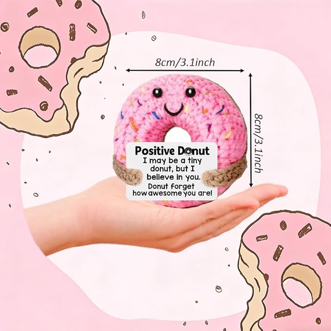 Handmade Crochet Positive Donut Plush Doll - Cute Knitted Sweet Treat Stuffed Toy with Inspirational Quote Card, Unique Encouragement Gift for Friends, Family, Self-Care