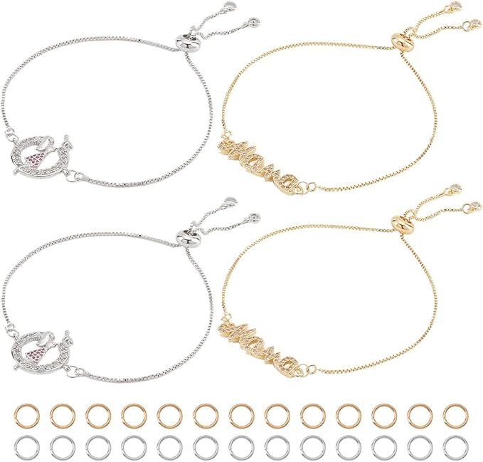 NBEADS Mother's Day Bracelet Making Kit, Including 2 Pcs Adjustable Slider Bracelets 4 Pcs Cubic Zirconia Links with 40 Pcs Jump Ring for Mother's Day Gift Craft Jewelry Making