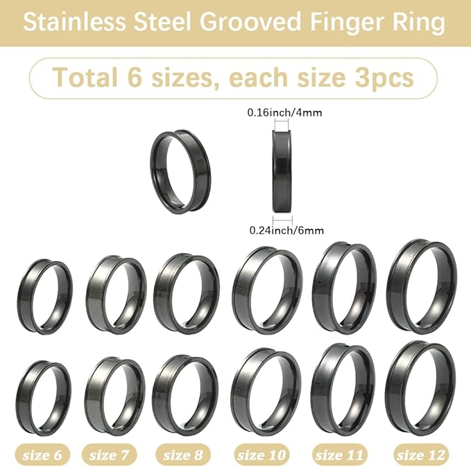 SUNNYCLUE 1 Box 6 Sizes 18Pcs Black Inlay Rings Stainless Steel Ring Blanks Kit Wide 6mm Metal Round Grooved Empty US Size 7/8/9/10/11/12 Finger Findings for Jewelry Making Craft Supplies Unisex Adult