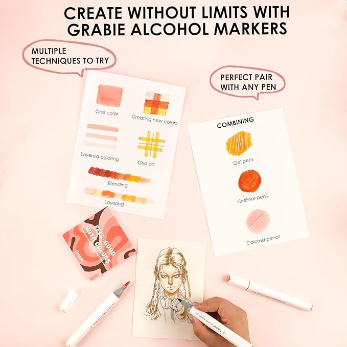 Grabie 36 Colors Dual Tip Skin Tone&Hair Alcohol Markers, Chisel & Brush Alcohol Based Skin Color Marker Set with Case and Coloring Book, Drawing Markers for Adults Coloring, Set of 36
