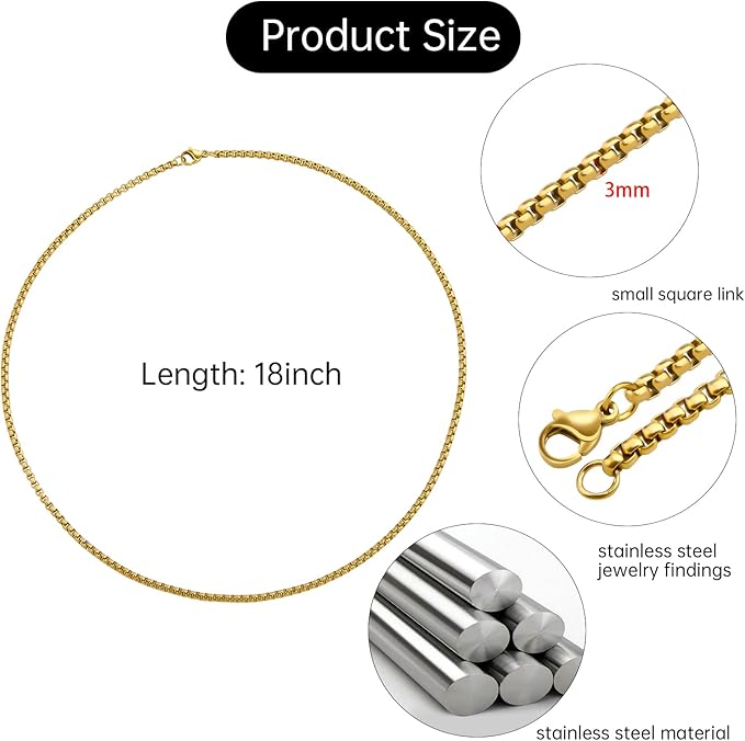 youbeiyee gold plated stainless steel necklace chains bulk 10pcs square rolo chain necklaces for jewelry diy making (18inch)