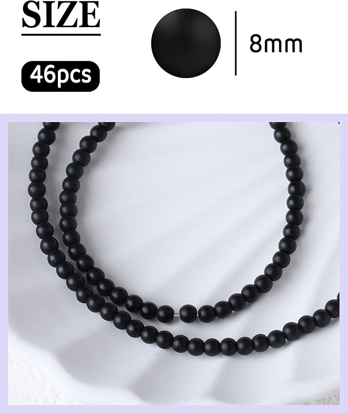 8mm Glass Beads 46PCS Glass Beads for Jewelry Making Charm Round Loose Bead for Bracelet Making Kit (Black Frosted Glass)