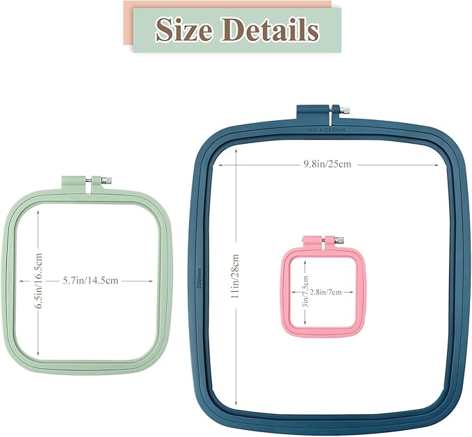 zocone 3pcs 3 size square embroidery hoops, abs plastic embroidery hoops cross stitch hoops embroidery frames for sewing, needlework, embroidery projects (size-3", 6.5", 11")