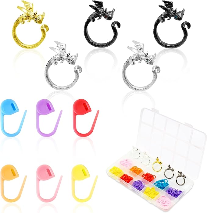 LBU 5Pcs Dragon Crochet Ring + 100Pcs Stitch Markers Adjustable Crochet Tension Rings for Finger Handmade Yarn Guide Crocheting Rings Knitting Accessories with Box Crochet Gifts for Crocheters Women