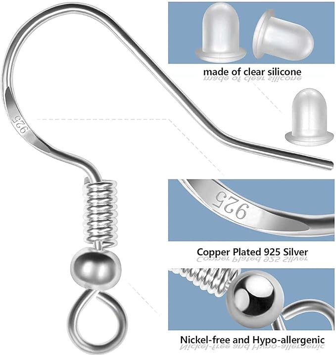 hypoallergenic earring hooks 500 pcs/75 pairs, earring making kit,ear wires fish hooks with jump rings and clear silicone backs stoppers