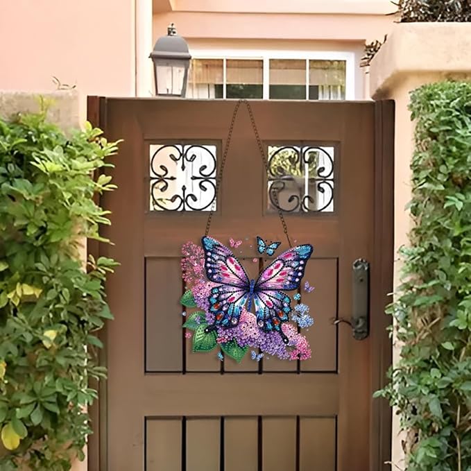 STGLCR Butterfly Diamond Art Hanging Kit for Adult,Special Shaped DIY Acrylic 5D Flowers Diamond Art Painting Window Pendants Home Garden Wall Hanging Kits Hanging Ornament 7.8inch Purple Foral
