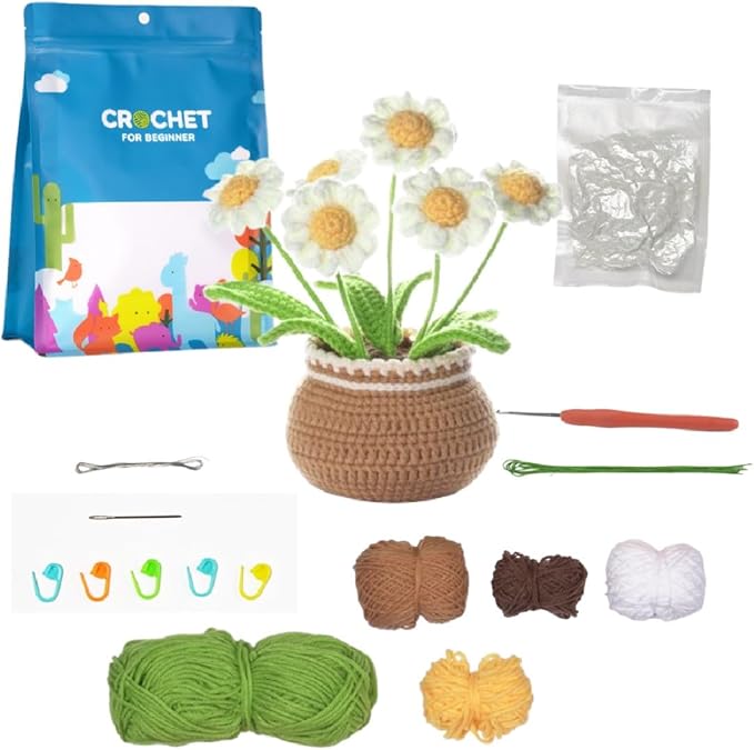 Crochet Set - Beginner Friendly Crochet Set with Step by Step Teaching Videos and Crochet Pattern Manuals (Daisy Potted Plant)