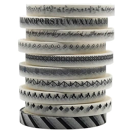 5mm Wide Slim Washi Tapes Set,10 Rolls Minimalist Black White Style Japanese Masking Decorative Tapes for Bullet Journal Planners DIY Decor Crafts Arts Scrapbooking Adhesive