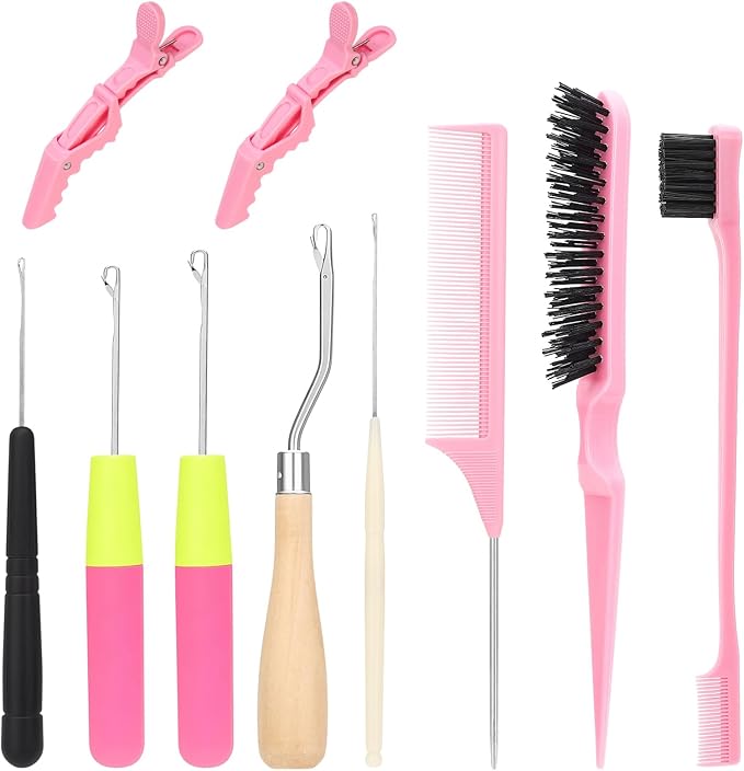 Crochet Hooks for Hair Set with 5 Crochet Needles, Edge Brush, Bristle Brush, Rat Tail Comb, 2 Gator Clips,Latch Hook for Passion Twist Crochet Hair Extensions
