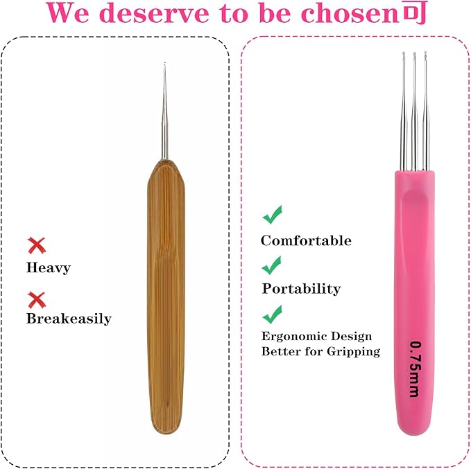 Mabor 3Pcs Dreadlock Crochet Hook, Dreadlock Needle Tool for Craft, Crochet Hook for Hair Braid Tool with Ergonomic Handle 0.75mm 1&2&3 Hooks