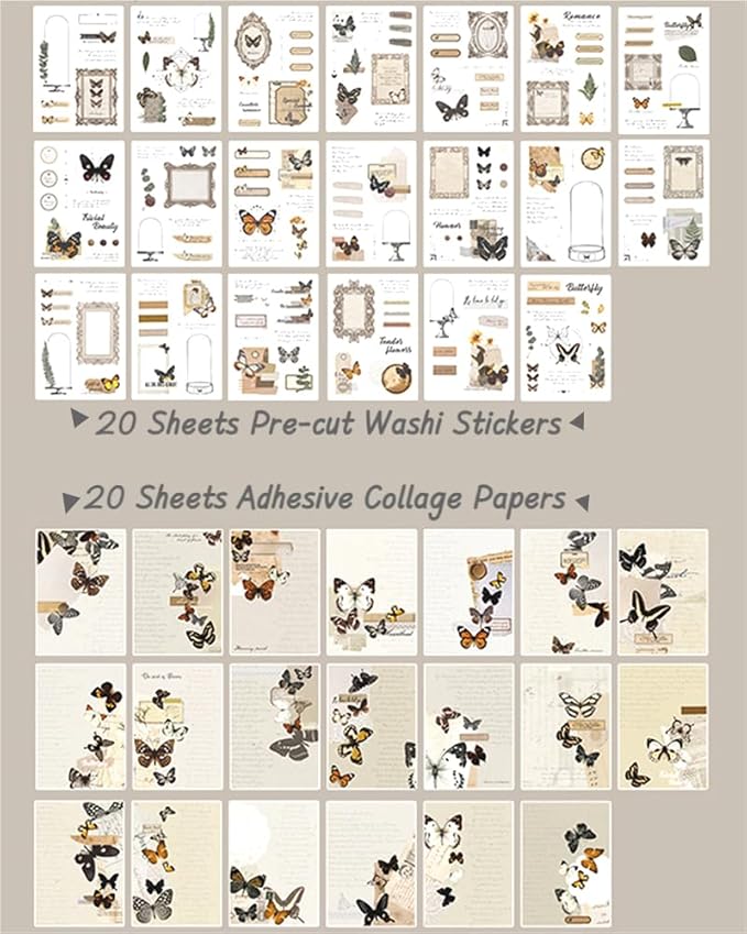 40 Sheets A6 Vintage Washi Stickers Book for Adults, Retro Butterfly Stickers with Self-Adhesive Collage Papers Ephemera for Junk Journaling Supplies, Scrapbooking, Crafts Arts