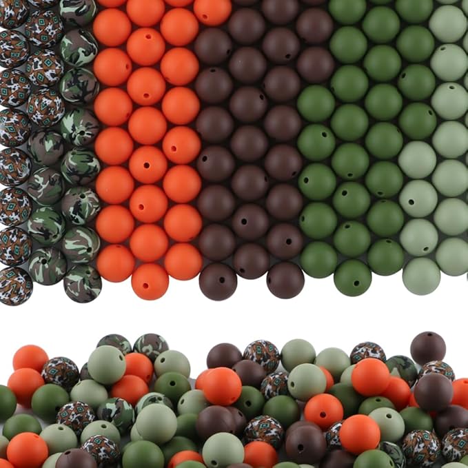 150Pcs Mixed Color 15mm Silicone Beads for Keychain Making, Orange Bean Green Print Silicone Beads for Pens and Bracelet Jewelry Making