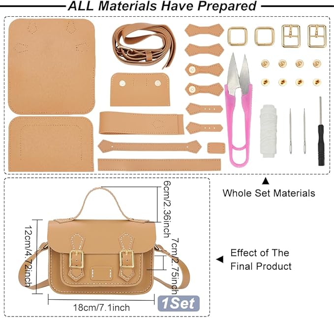 WADORN DIY Crossbody Bag Making Kits, PU Leather Shoulder Bag Sewing Set with Instruction Handmade Satchel Handbag Making Kit Purse Sewing Kit for Women Handicraft Gift, 7.1x2.8x4.7 Inch(Khaki)