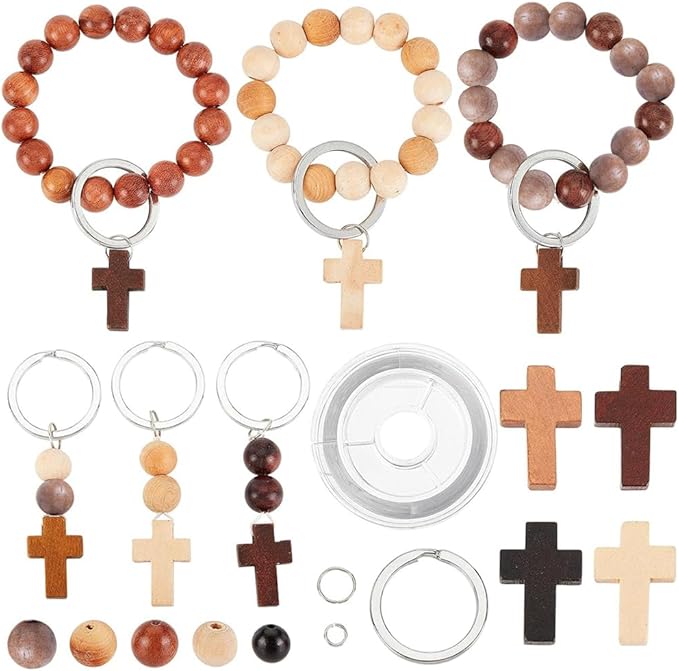 SUNNYCLUE 250Pcs Wood Cross Charms Easter Holiday Small Cross Beads Bulk Wooden Round Unfinished Wood Bead 10mm Beading Keychain Making Kit Mini Charm for Keychains Bracelets DIY Craft