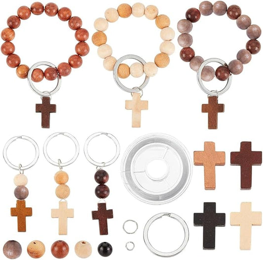 SUNNYCLUE 250Pcs Wood Cross Charms Easter Holiday Small Cross Beads Bulk Wooden Round Unfinished Wood Bead 10mm Beading Keychain Making Kit Mini Charm for Keychains Bracelets DIY Craft