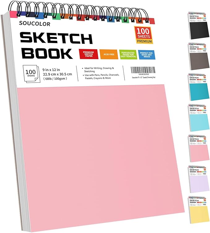 soucolor cute sketchbook 9" x 12" for women, 1-pack 100 sheets spiral notebook drawing pad, pastel art supplies for artists, arts and crafts gifts set for adults