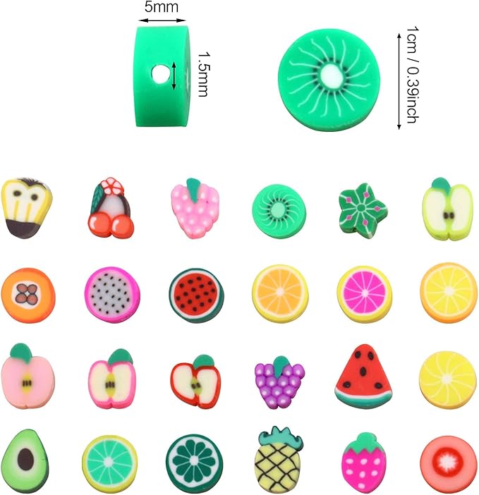 200PCS Colorful Fruit Polymer Clay Beads Kit - 10mm Mixed Fruit Spacer Beads for Jewelry Making DIY Bracelet Necklace