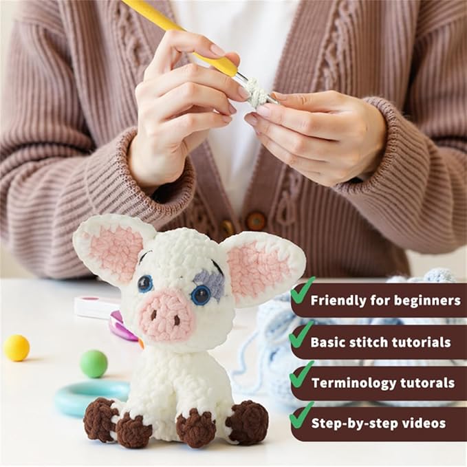 Linhao Jew Crochet Kit for Beginners – Knitting Kits Cute Animal Kitten Keychain with Pre-Started Easy Yarn, Step-by-Step Video Tutorials for Adults & Kids DIY Crafts (Pig)