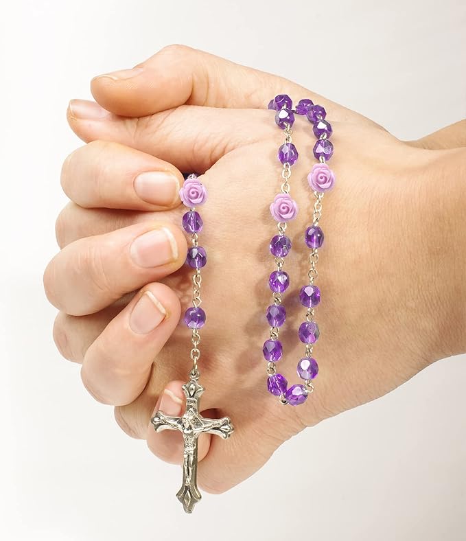 Sureio 140 Pcs Rosary Making Supplies Carved Rose Beads Flower Beads Kit Cross Centerpiece Crucifix Medal, Silver Jesus Maria Pendant for Bracelet Necklace(Purple)