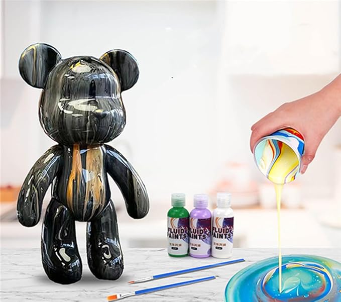 HANDA 13.4/9.05 inch DIY Painting Fluid Bear Teddy Bear Painting Kit Set Creative Home Decorations Handmade Doll Figurine Toys Gift for Birthday Valentines (5 Colors Paints, 9.05 inch)