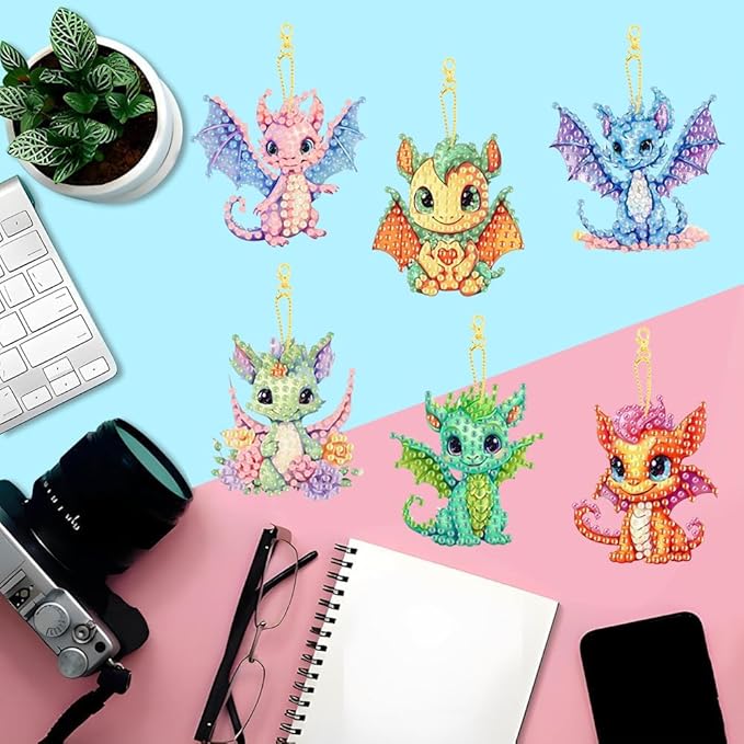 Masendp 8 Pieces Diamond Painting Keychain Cartoon Style Diamond Art Jewelry Double Sided 5D Diamond Painting Kit for Beginners Adult DIY Art Craft Gift Home Decor (Dragon)