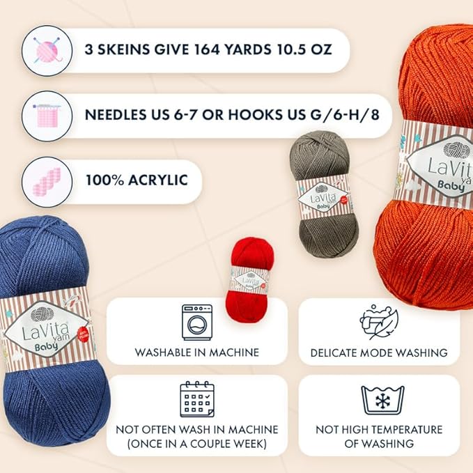 LaVita Baby Premium Anti-Pill Acrylic Yarn - 820 Yards, 3 x 3.5 oz - Warm, Airy Fiber with Silky Texture - Oeko-TEX Certified, Durable, Lightweight, Long-Lasting, Solid Pastel Colors - 3 Skeins Pack