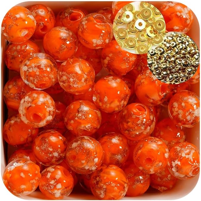 8mm 200pcs Glow in The Dark Glass Beads with Holes for Jewelry Making Bracelets Earrings Necklace Bulk Lampwork Solar Unique DIY Crafts Gold Spacer Beads Kit(100pcs Beads+100pcs Spacer)