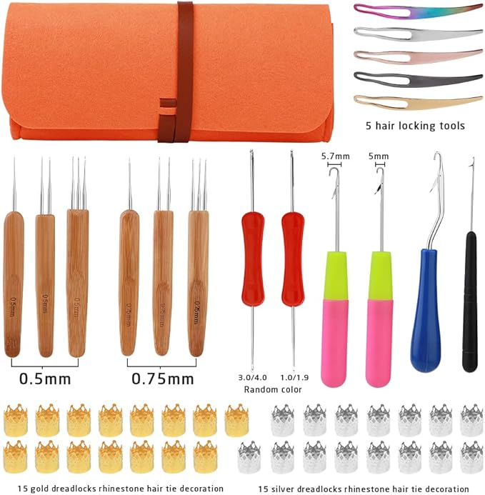 Loc Crochet Needle, 48 Pcs Dreadlock Crochet Hook Tool, 6 Dreadlock Crochet Needle for Hair, Different Size Bent Latch Hook, Crochet Hooks for Hair Braiding with Case
