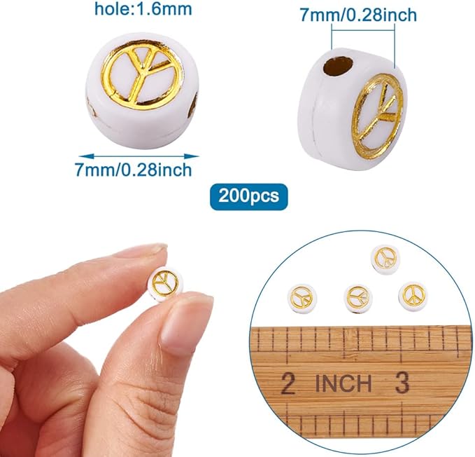 200Pcs Peace Sign Acrylic Beads Opaque Flat Round Beads Golden Symbol Acrylic Spacer Beads for DIY Necklace Bracelet Earring Jewelry Crafts Making Hole 1.6mm