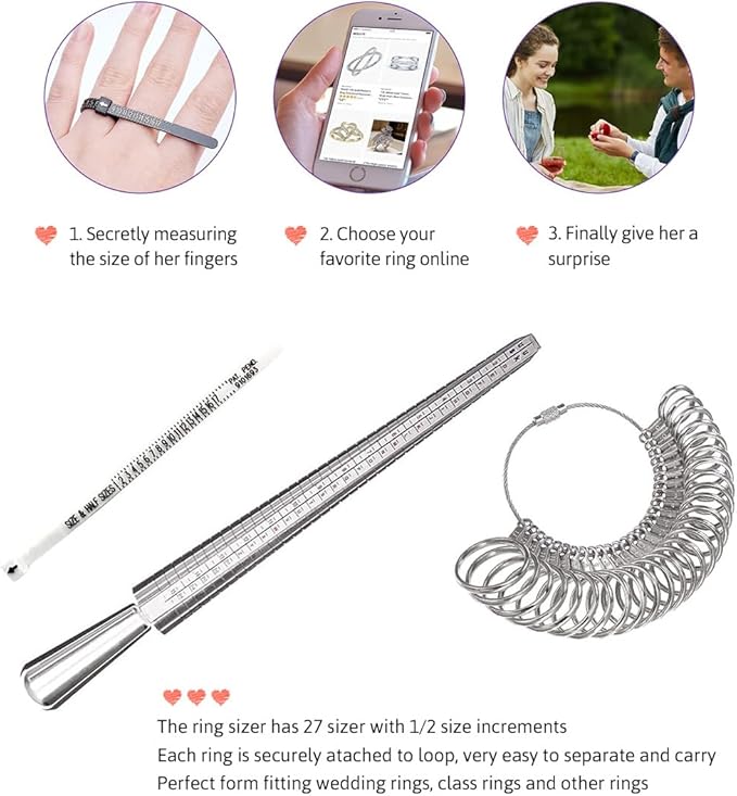 meowoo ring sizer measuring tool with lens,ring gauges with finger sizer mandrel ring sizer tools for jewelry sizing measuring, 3 pcs, silvery with magnifying glass