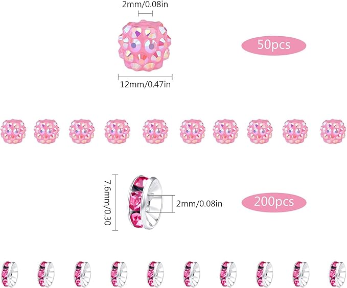 LAIDANLA 250pcs 12mm Pink Rhinestone Beads and 8mm Rondelle Spacer Beads for Beaded Pens, Sparkly Shamballa Disco Ball Bead for Bracelets Making Necklaces Earring DIY Craft