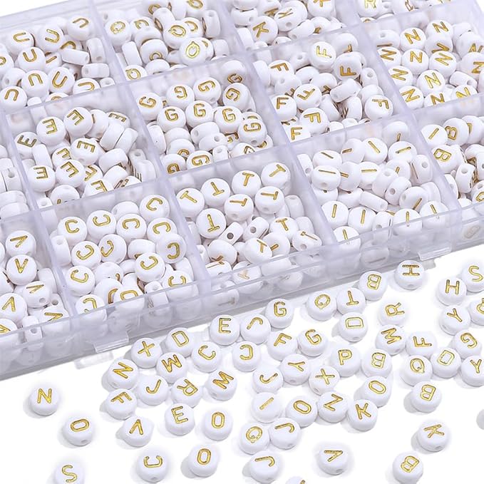 nikkiGuo 1250 PCS Letter Beads Kit with Elastic Cord – Alphabet A–Z, Numbers, Heart, Moon, Star, Smiley Beads for Friendship Bracelets & DIY Jewelry (White Beats & Golden Letters)