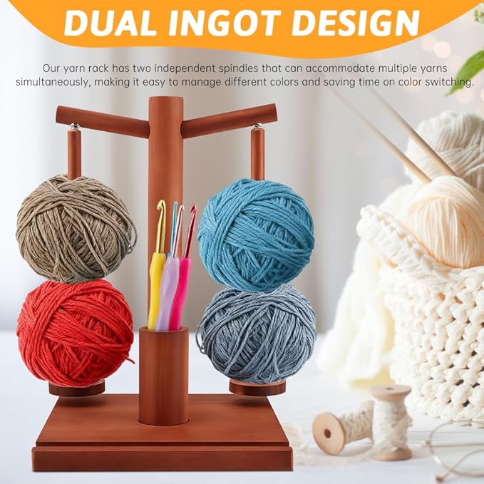 Wooden Yarn Holder - 9PCS Crochet Hooks, Magnetic 2-Spindle Spinner for Crocheting & Knitting | with Phone Stand & Hook Storage | Yarn Enthusiasts' Choice