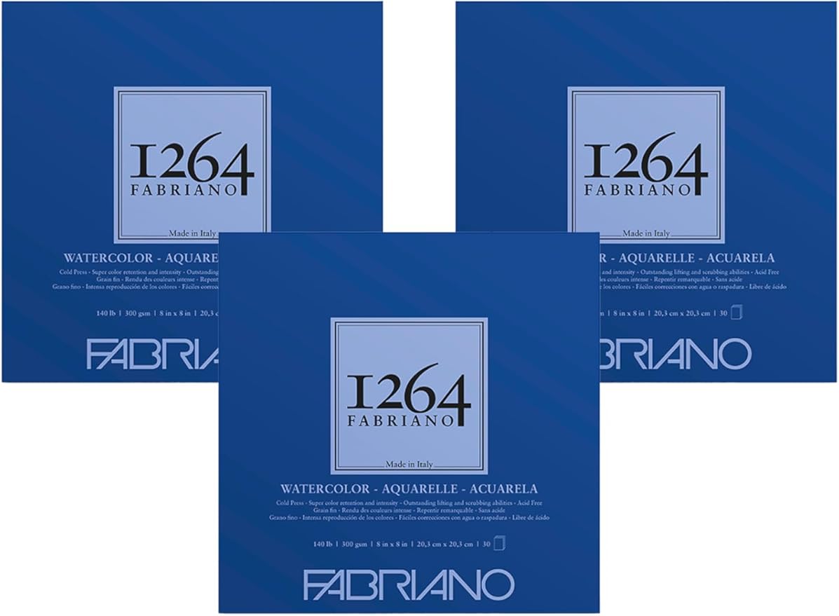 Fabriano 1264 Watercolor Pad, 8" x 8", Glue Bound, 140 lb., 3-Pack