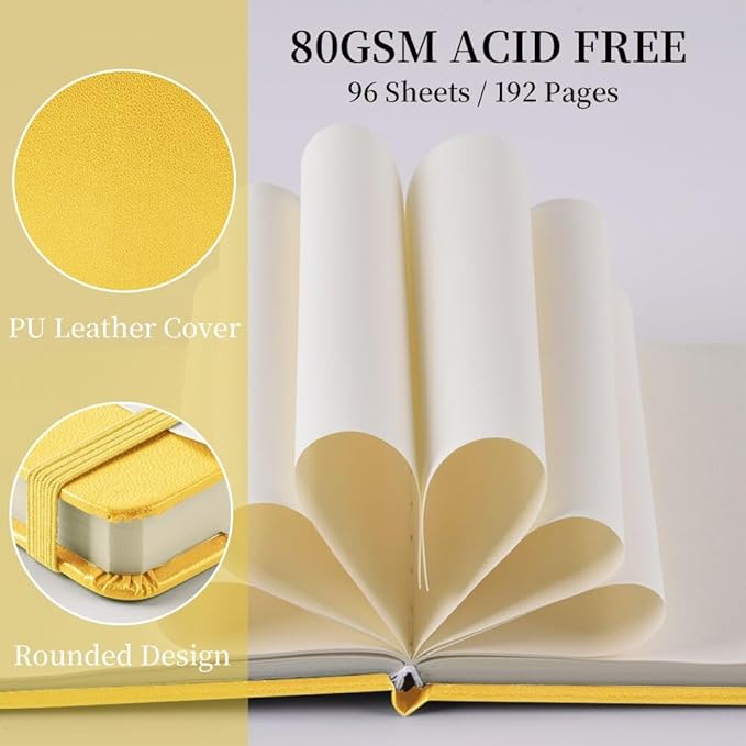 Square 5x5 inches 80gsm 96sheets/192 Pages Notebooks Blank Sketchbooks Travel Journal Pocket Hardcover Paint Writing Diary Memo Planner PU Leather Cover. Yellow