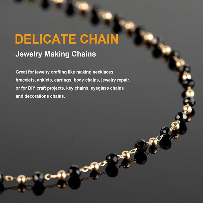 KYUNHOO 16.4 Feet Black Beaded Chain for Jewelry Making Gold Plated Brass Rosary Chain on Spool with Lobster Claps and Jump Rings for Women Necklace Bracelet Craft DIY